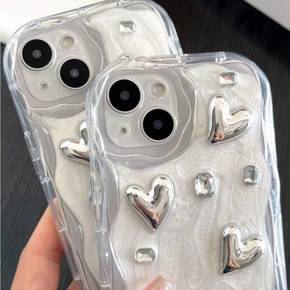Transparent Wave Pattern Soft Silicone Plating Rhinestone Heart Protective Phone - Picture 4 of 4
